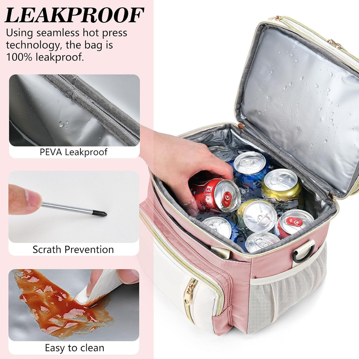 Lunch Box & Lunch Bag for Women Men Double Deck, Large Insulated Adult Lunch Box Leakproof Lunchbox Cooler Bag for Work Picnic Beach,（Pink&White 16L）