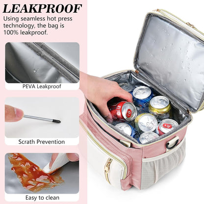 Lunch Box & Lunch Bag for Women Men Double Deck, Large Insulated Adult Lunch Box Leakproof Lunchbox Cooler Bag for Work Picnic Beach,（Pink&White 16L）