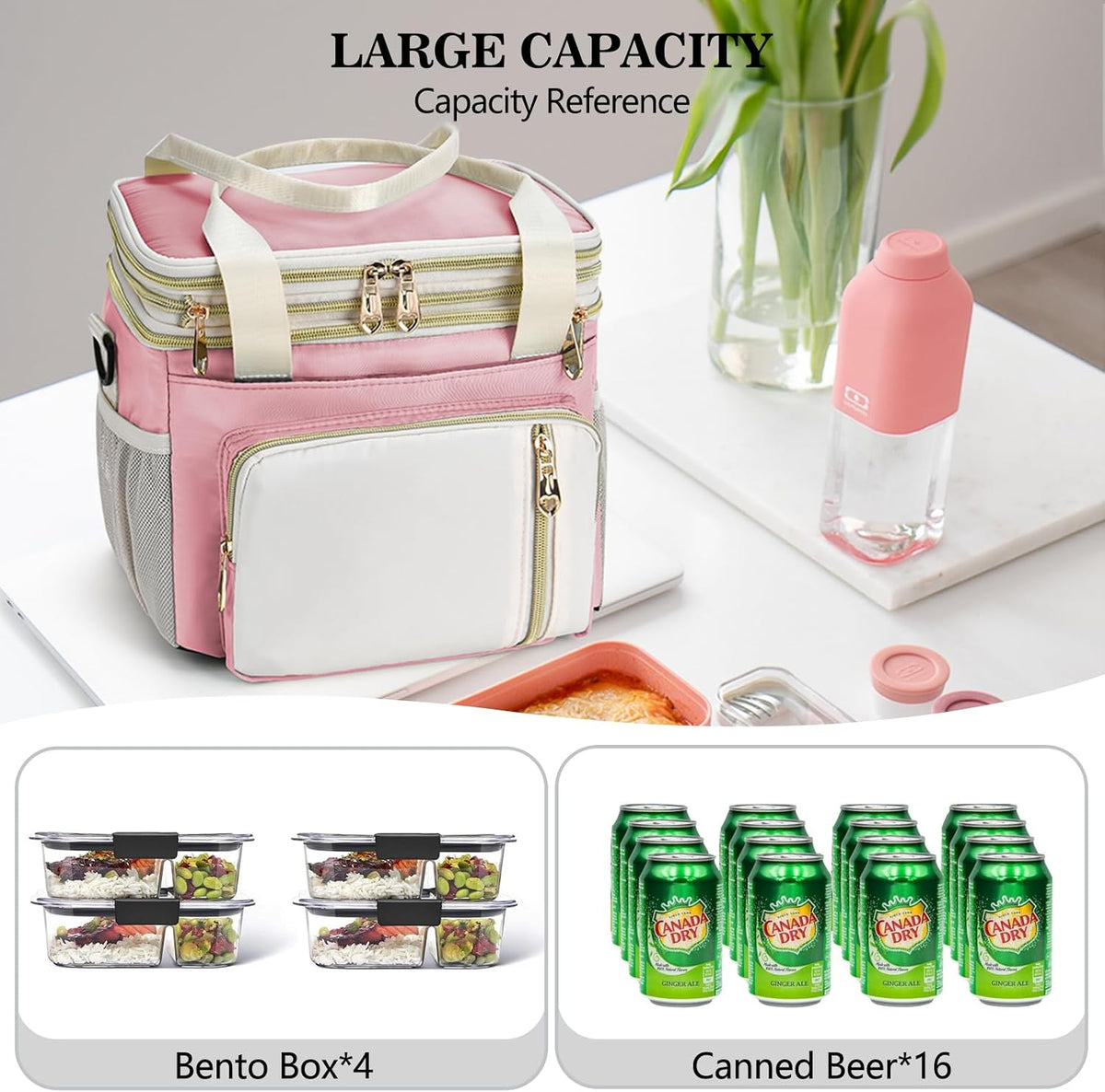 Lunch Box & Lunch Bag for Women Men Double Deck, Large Insulated Adult Lunch Box Leakproof Lunchbox Cooler Bag for Work Picnic Beach,（Pink&White 16L）
