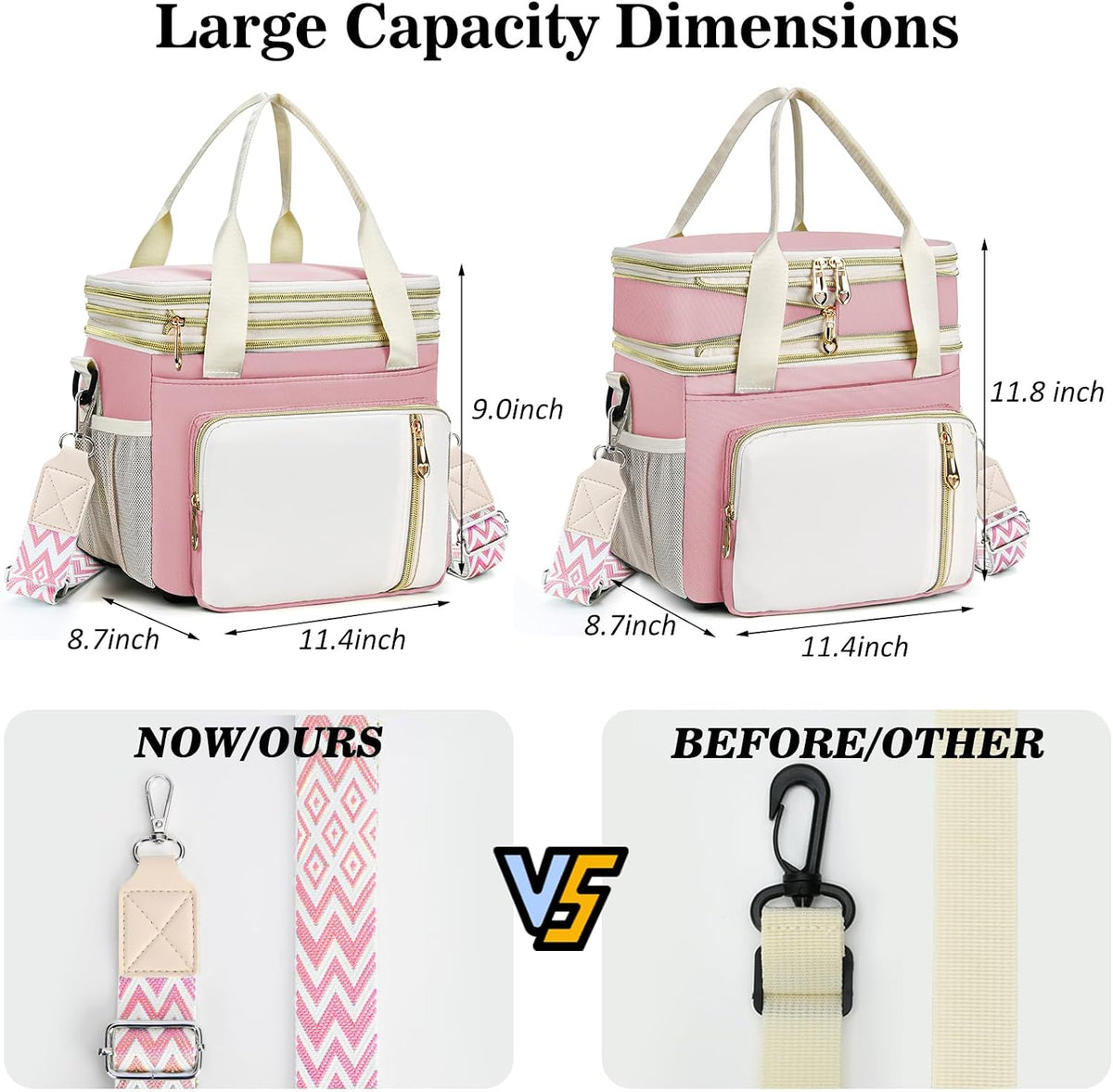 Lunch Box & Lunch Bag for Women Men Double Deck, Large Insulated Adult Lunch Box Leakproof Lunchbox Cooler Bag for Work Picnic Beach,（Pink&White 16L）
