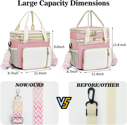 Lunch Box & Lunch Bag for Women Men Double Deck, Large Insulated Adult Lunch Box Leakproof Lunchbox Cooler Bag for Work Picnic Beach,（Pink&White 16L）