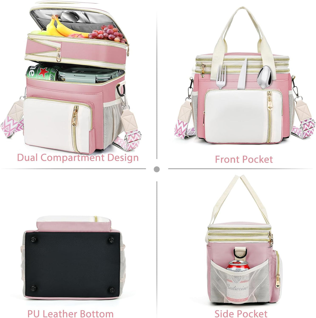 Lunch Box & Lunch Bag for Women Men Double Deck, Large Insulated Adult Lunch Box Leakproof Lunchbox Cooler Bag for Work Picnic Beach,（Pink&White 16L）