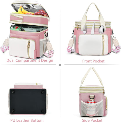 Lunch Box & Lunch Bag for Women Men Double Deck, Large Insulated Adult Lunch Box Leakproof Lunchbox Cooler Bag for Work Picnic Beach,（Pink&White 16L）