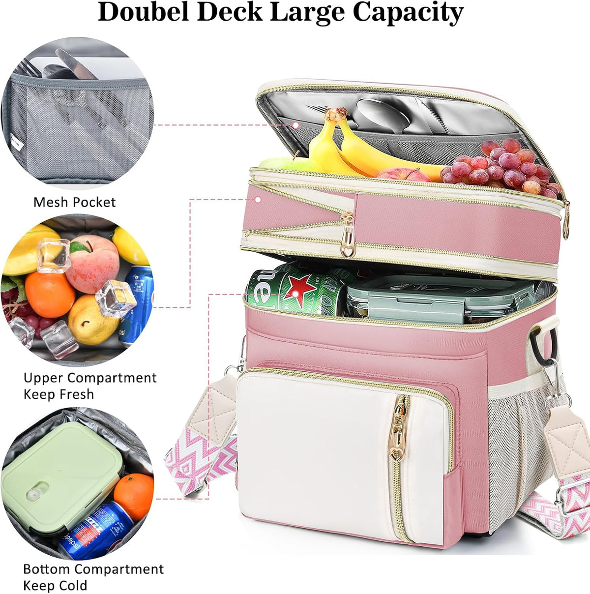 Lunch Box & Lunch Bag for Women Men Double Deck, Large Insulated Adult Lunch Box Leakproof Lunchbox Cooler Bag for Work Picnic Beach,（Pink&White 16L）