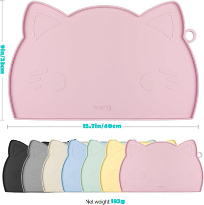 Coomazy Cat Food Mat Silicone Pet Feeding Mat for Indoor Cats Waterproof Non-Slip Water Bowl Pad with Raised Edge(Pink, 15.7 x 9'')