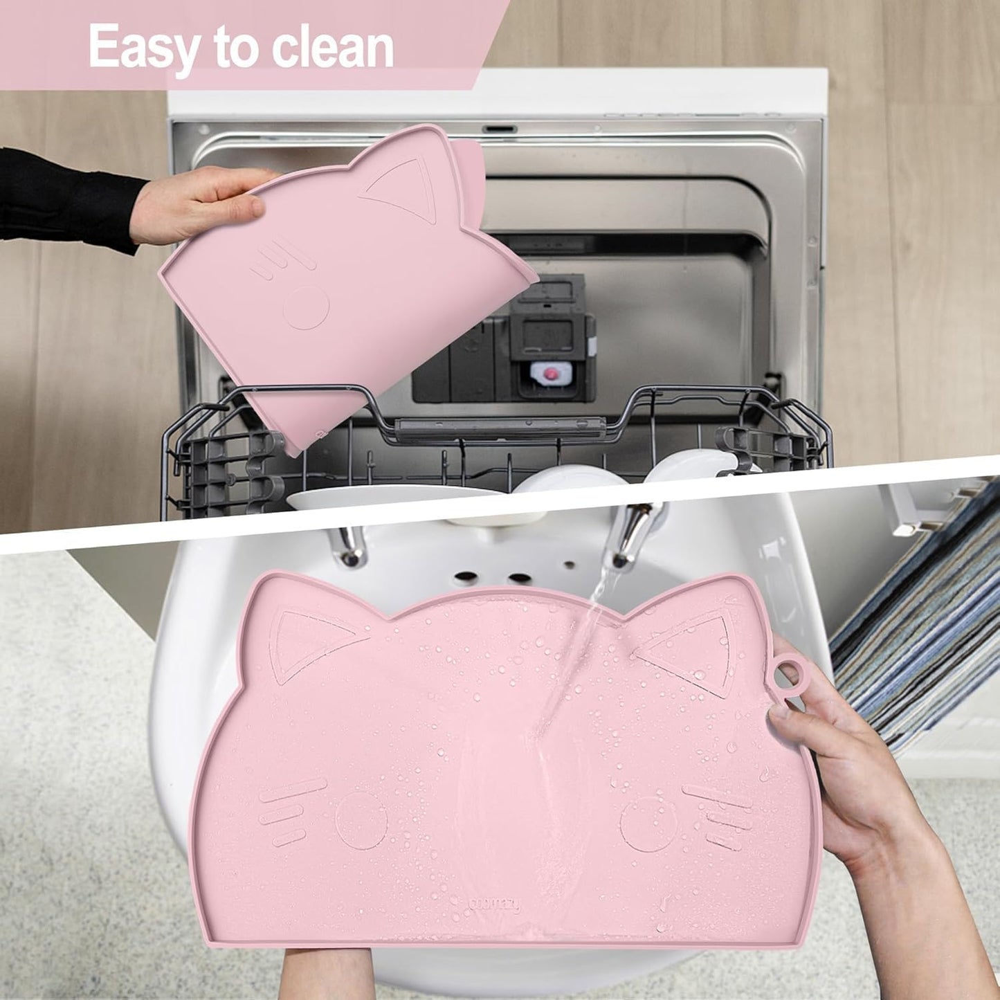 Coomazy Cat Food Mat Silicone Pet Feeding Mat for Indoor Cats Waterproof Non-Slip Water Bowl Pad with Raised Edge(Pink, 15.7 x 9'')