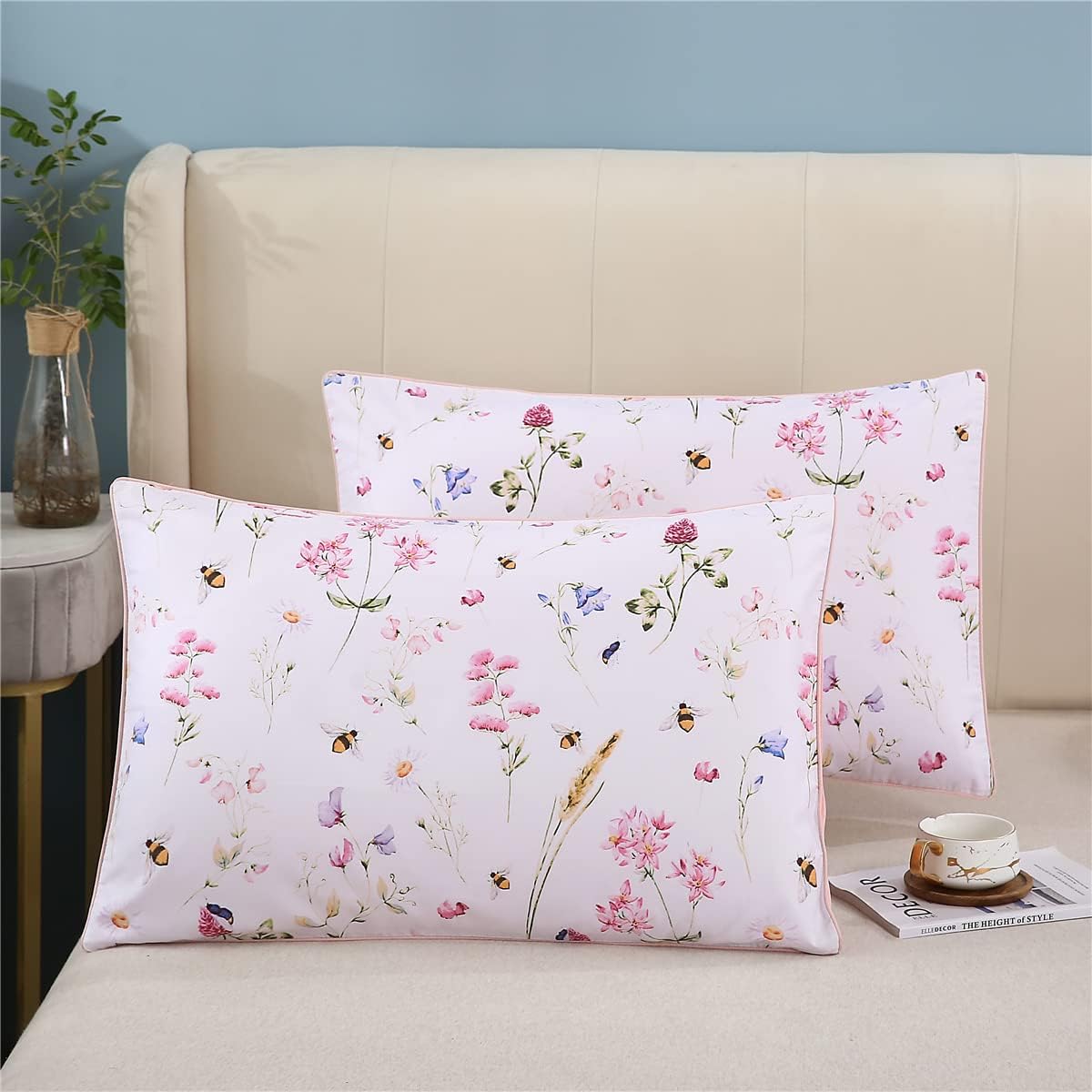 100% Cotton Pillowcases Standard Size Set of 2, Pink Floral & Bee