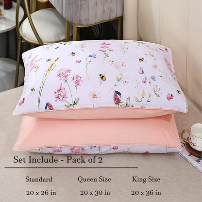 100% Cotton Pillowcases Standard Size Set of 2, Pink Floral & Bee