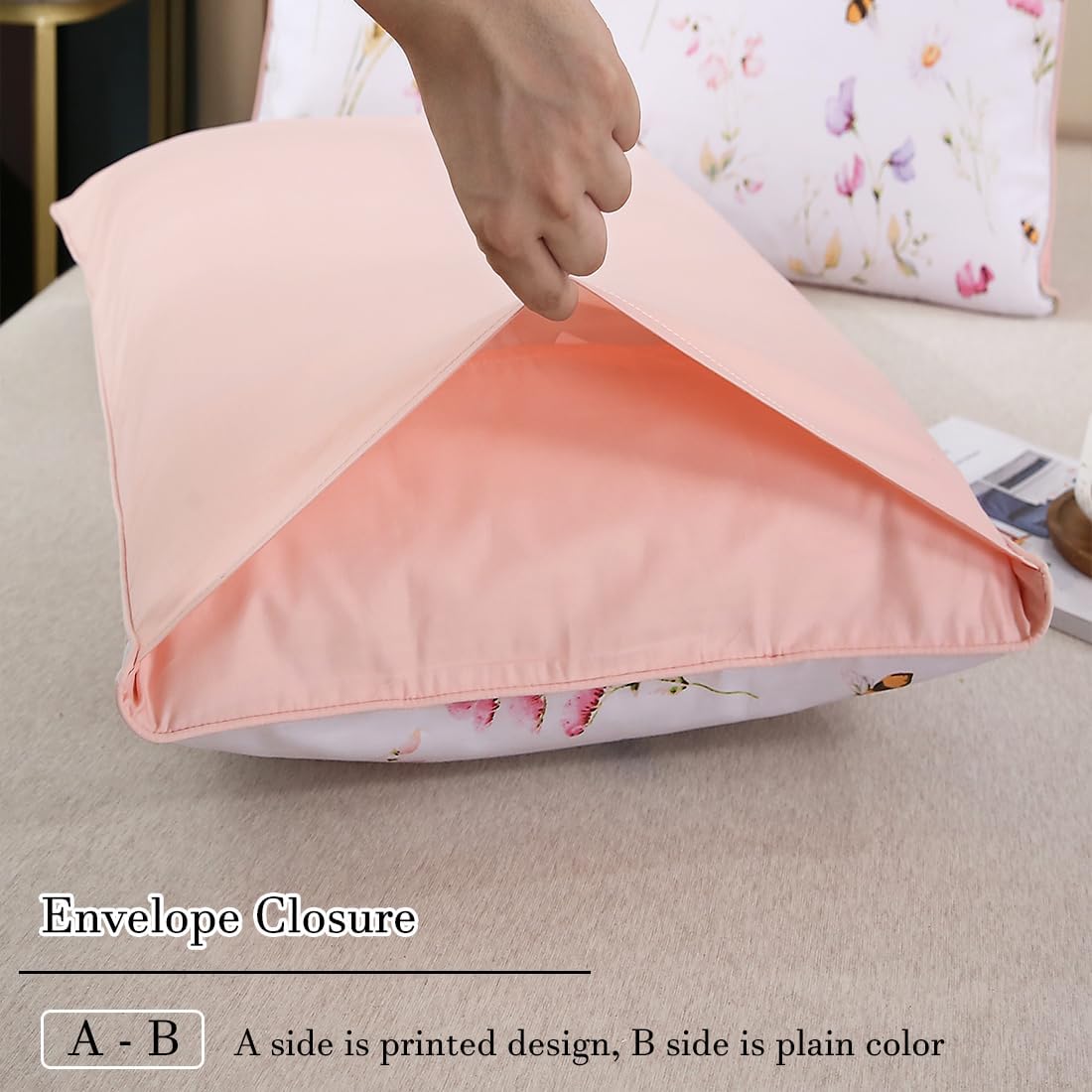 100% Cotton Pillowcases Standard Size Set of 2, Pink Floral & Bee