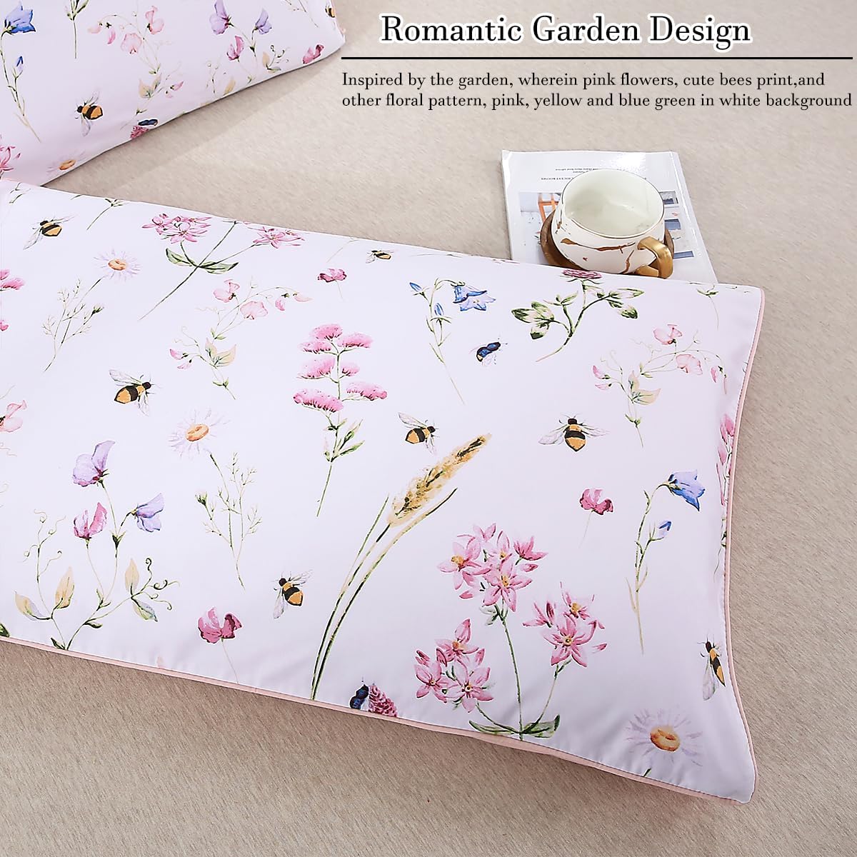 100% Cotton Pillowcases Standard Size Set of 2, Pink Floral & Bee