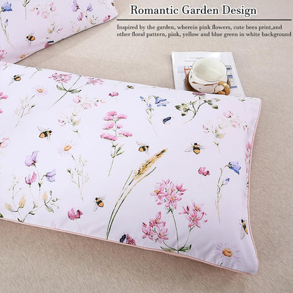 100% Cotton Pillowcases Standard Size Set of 2, Pink Floral & Bee