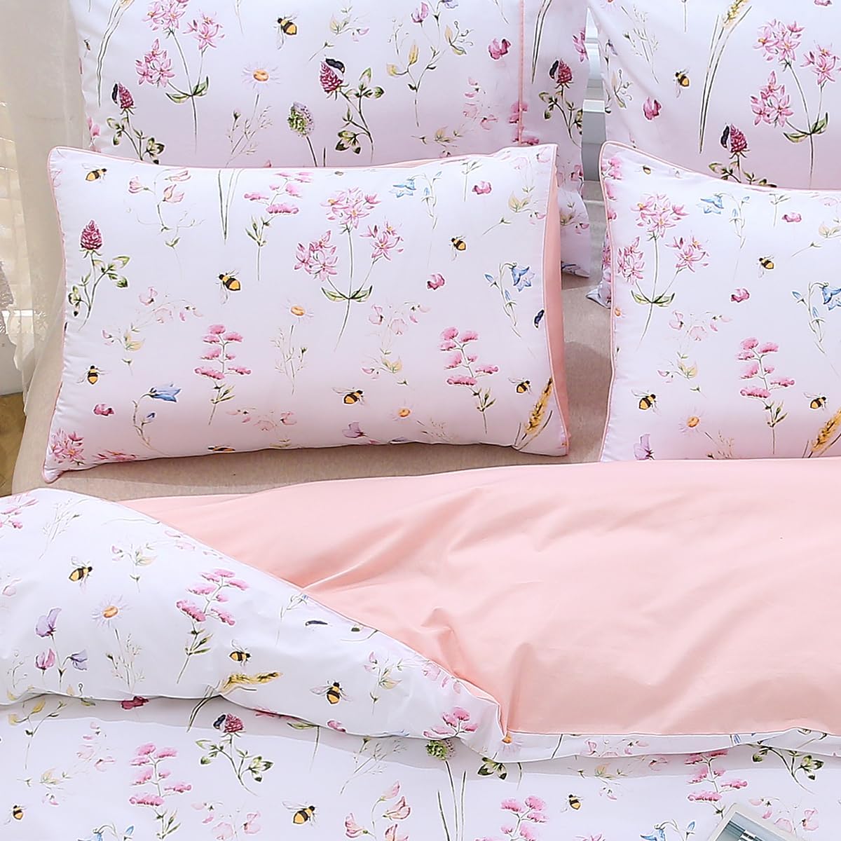 100% Cotton Pillowcases Standard Size Set of 2, Pink Floral & Bee