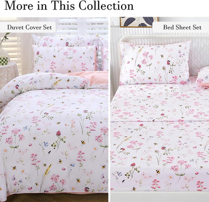 100% Cotton Pillowcases Standard Size Set of 2, Pink Floral & Bee