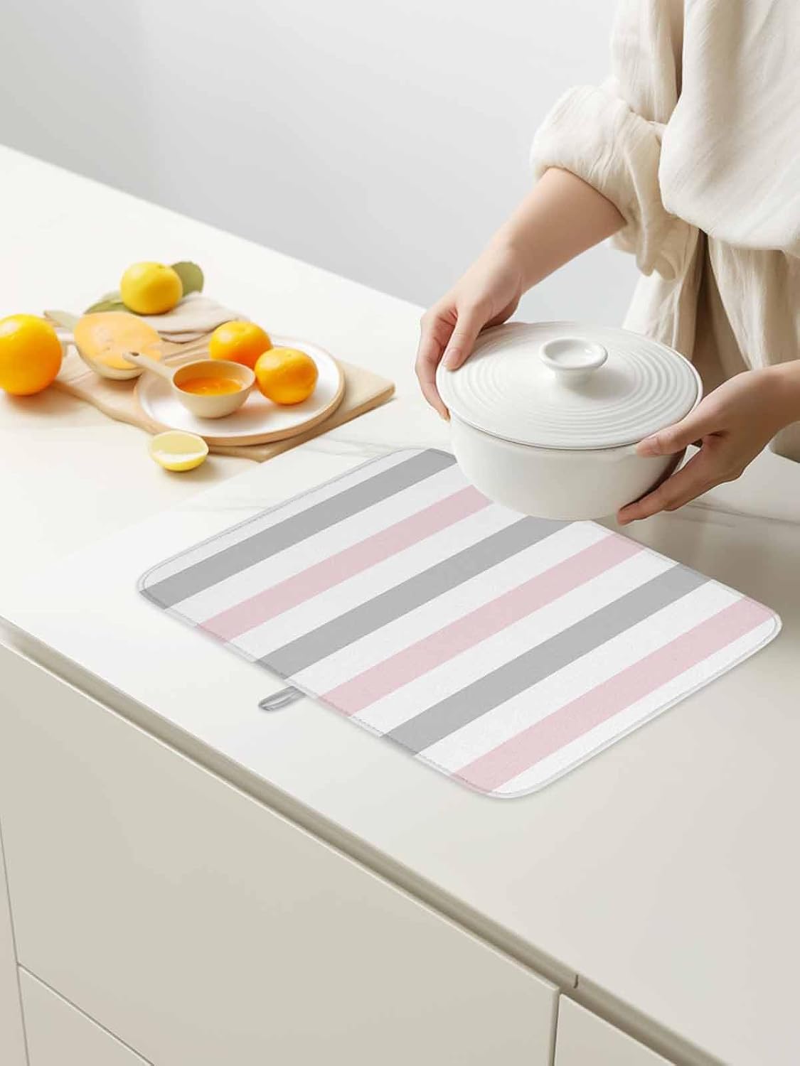 Dish Drying Mat for Kitchen Counter,Modern Pink Gray White Stripe Absorbent Microfiber Drainer Rack Pad Abstract Minimalist Line Quick Dry Mat for Sinks Dishes Utensils 16x18in,1 Pack