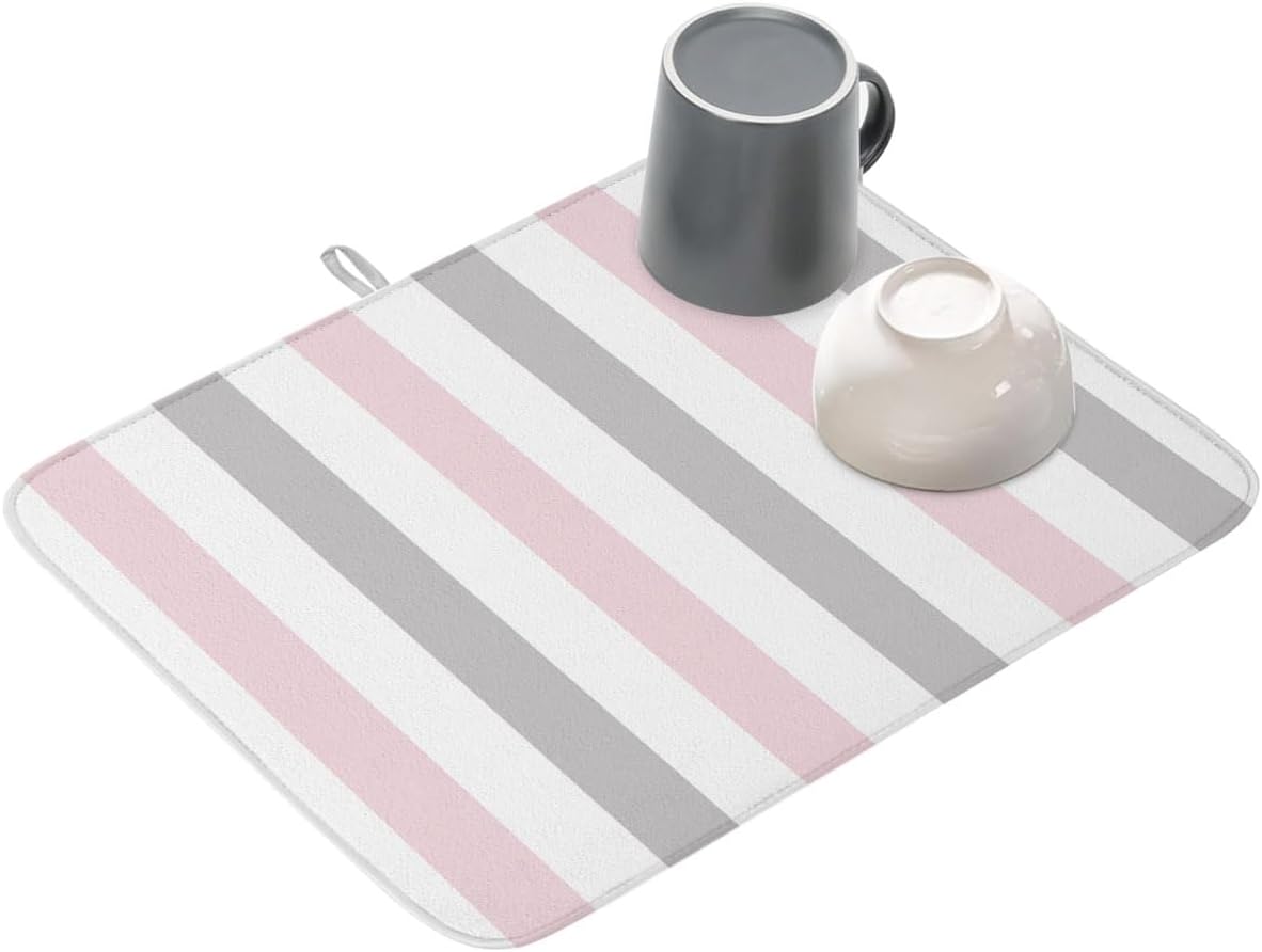 Dish Drying Mat for Kitchen Counter,Modern Pink Gray White Stripe Absorbent Microfiber Drainer Rack Pad Abstract Minimalist Line Quick Dry Mat for Sinks Dishes Utensils 16x18in,1 Pack