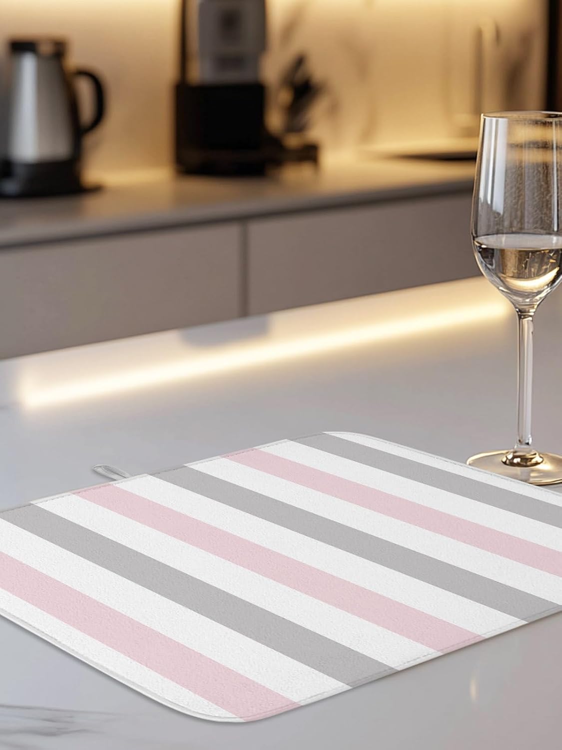 Dish Drying Mat for Kitchen Counter,Modern Pink Gray White Stripe Absorbent Microfiber Drainer Rack Pad Abstract Minimalist Line Quick Dry Mat for Sinks Dishes Utensils 16x18in,1 Pack