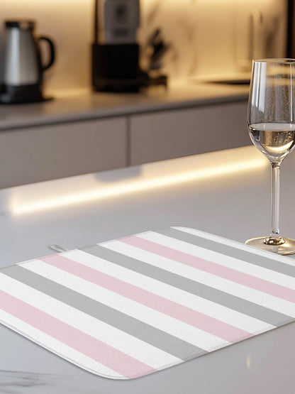 Dish Drying Mat for Kitchen Counter,Modern Pink Gray White Stripe Absorbent Microfiber Drainer Rack Pad Abstract Minimalist Line Quick Dry Mat for Sinks Dishes Utensils 16x18in,1 Pack