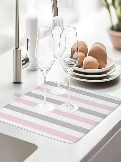Dish Drying Mat for Kitchen Counter,Modern Pink Gray White Stripe Absorbent Microfiber Drainer Rack Pad Abstract Minimalist Line Quick Dry Mat for Sinks Dishes Utensils 16x18in,1 Pack