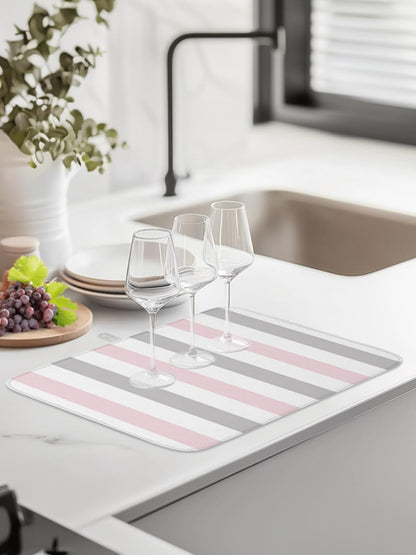 Dish Drying Mat for Kitchen Counter,Modern Pink Gray White Stripe Absorbent Microfiber Drainer Rack Pad Abstract Minimalist Line Quick Dry Mat for Sinks Dishes Utensils 16x18in,1 Pack