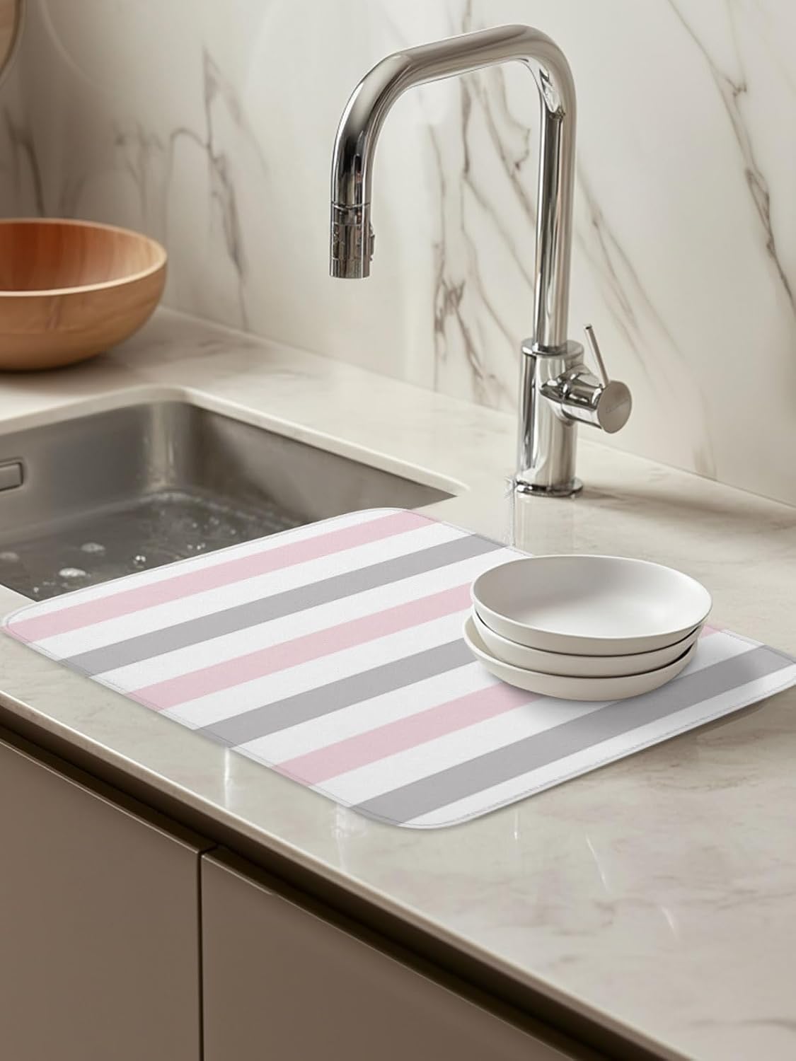 Dish Drying Mat for Kitchen Counter,Modern Pink Gray White Stripe Absorbent Microfiber Drainer Rack Pad Abstract Minimalist Line Quick Dry Mat for Sinks Dishes Utensils 16x18in,1 Pack