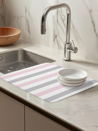 Dish Drying Mat for Kitchen Counter,Modern Pink Gray White Stripe Absorbent Microfiber Drainer Rack Pad Abstract Minimalist Line Quick Dry Mat for Sinks Dishes Utensils 16x18in,1 Pack