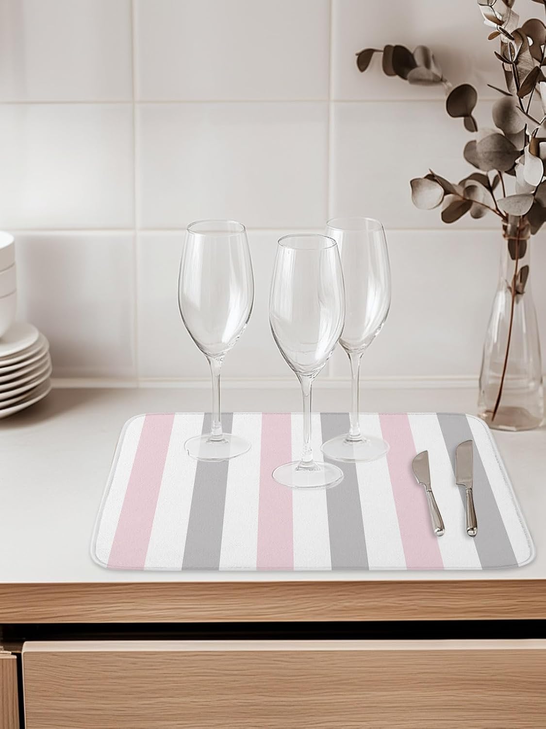 Dish Drying Mat for Kitchen Counter,Modern Pink Gray White Stripe Absorbent Microfiber Drainer Rack Pad Abstract Minimalist Line Quick Dry Mat for Sinks Dishes Utensils 16x18in,1 Pack