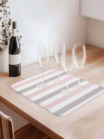 Dish Drying Mat for Kitchen Counter,Modern Pink Gray White Stripe Absorbent Microfiber Drainer Rack Pad Abstract Minimalist Line Quick Dry Mat for Sinks Dishes Utensils 16x18in,1 Pack
