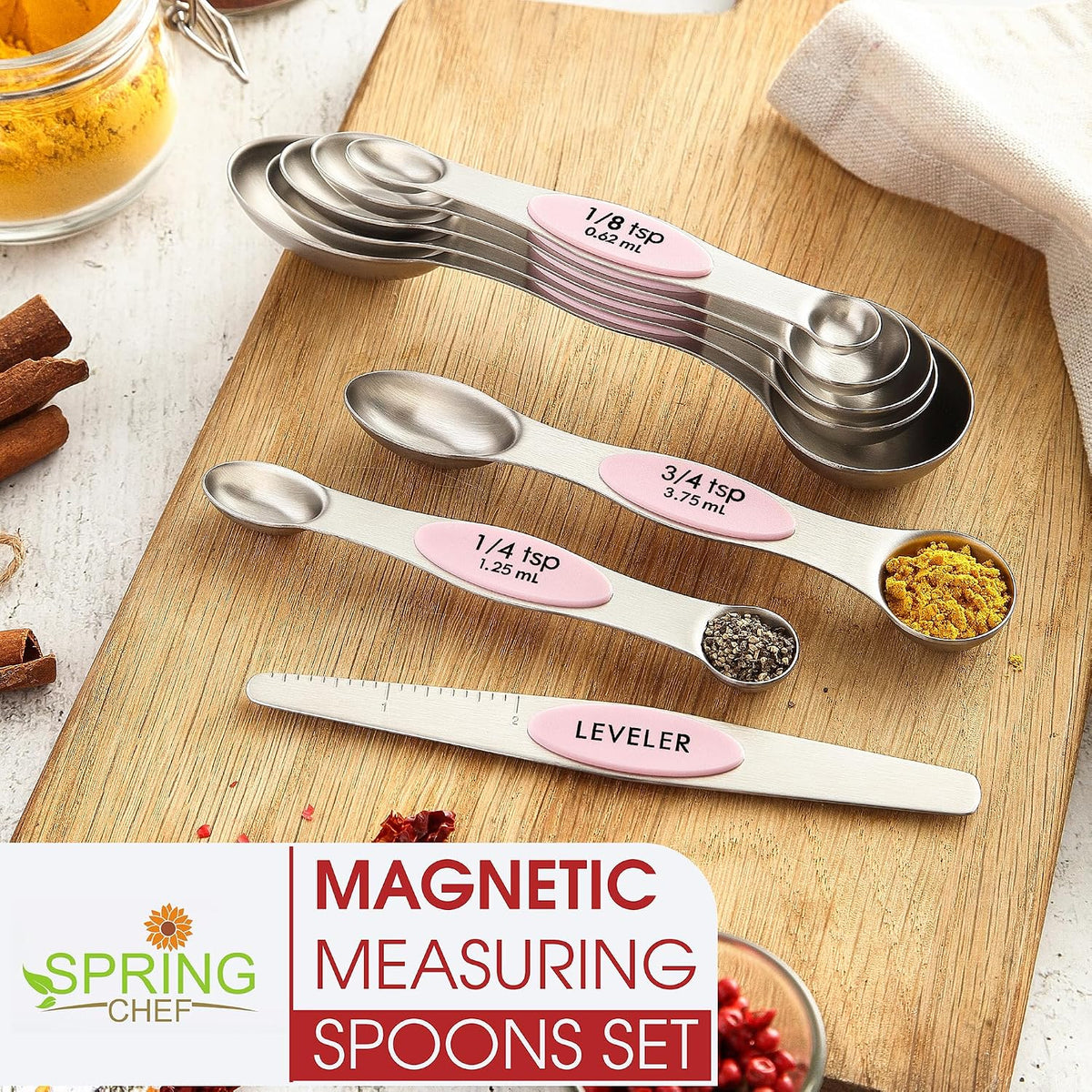 Stainless Steel 8 Magnetic Measuring Spoons Set, Pink Lemonade