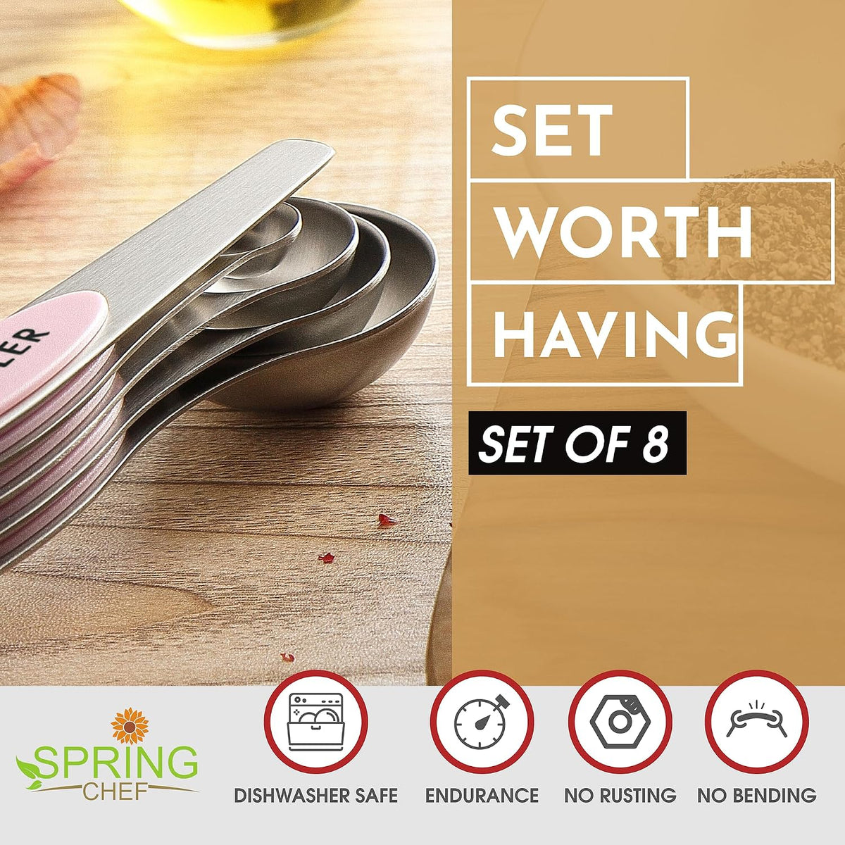 Stainless Steel 8 Magnetic Measuring Spoons Set, Pink Lemonade