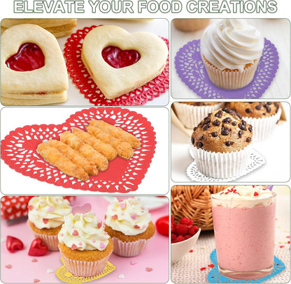 Paper Doilies, Heart Paper Lace Doilies Disposable Placemats Modern Tableware Decorative Bulk -Fitting for (Cakes/Desserts/Baked Grilled Fried Food) 6 Inch & 100 Pack & Pink