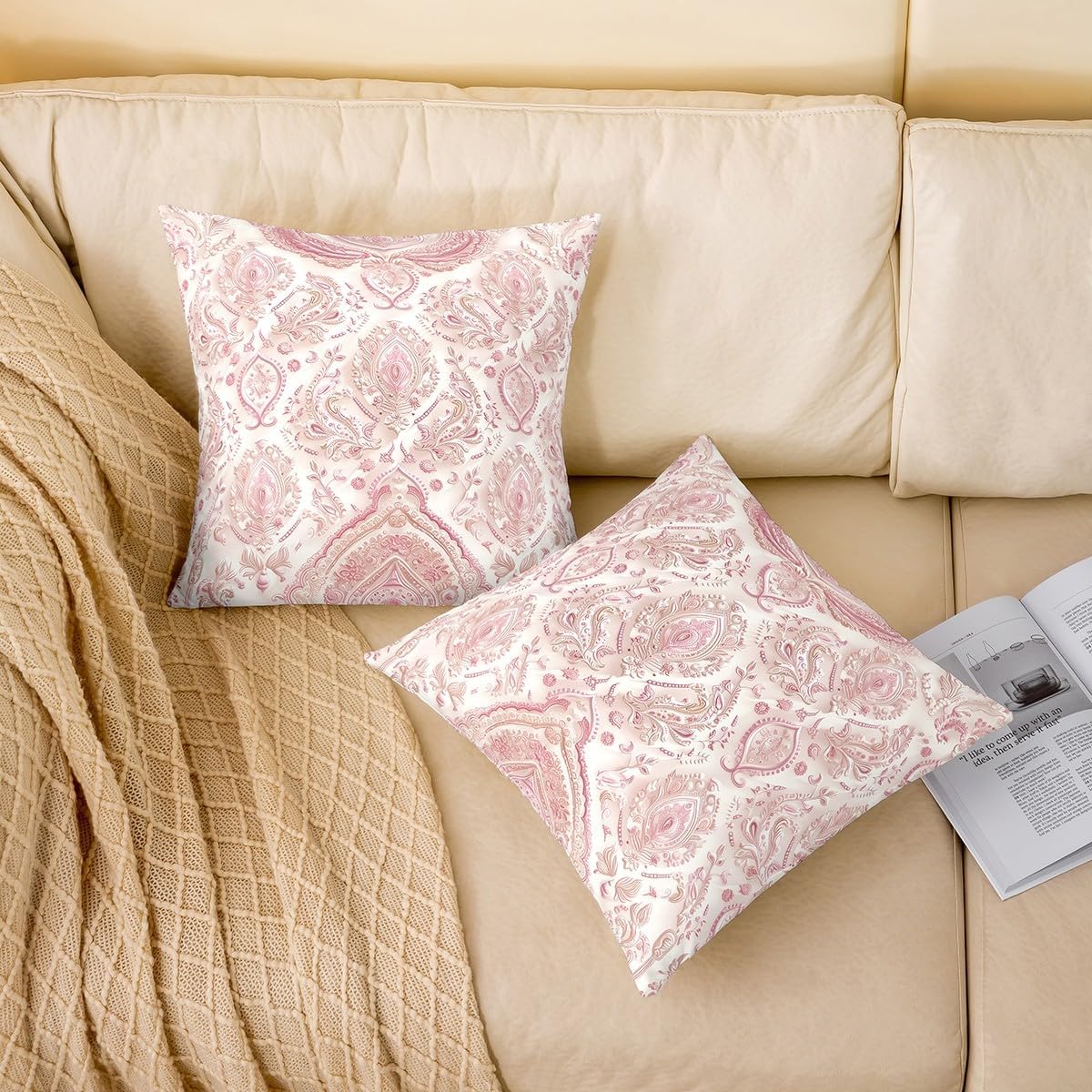 Victorian Style Pillow Covers 20x20 Inch Set of 2 3D Pink Beige Retro Floral Pillow Cases for Girls Teens Adults Women Dreamy European Style Flowers Print Cushion Covers for Living Room Couch