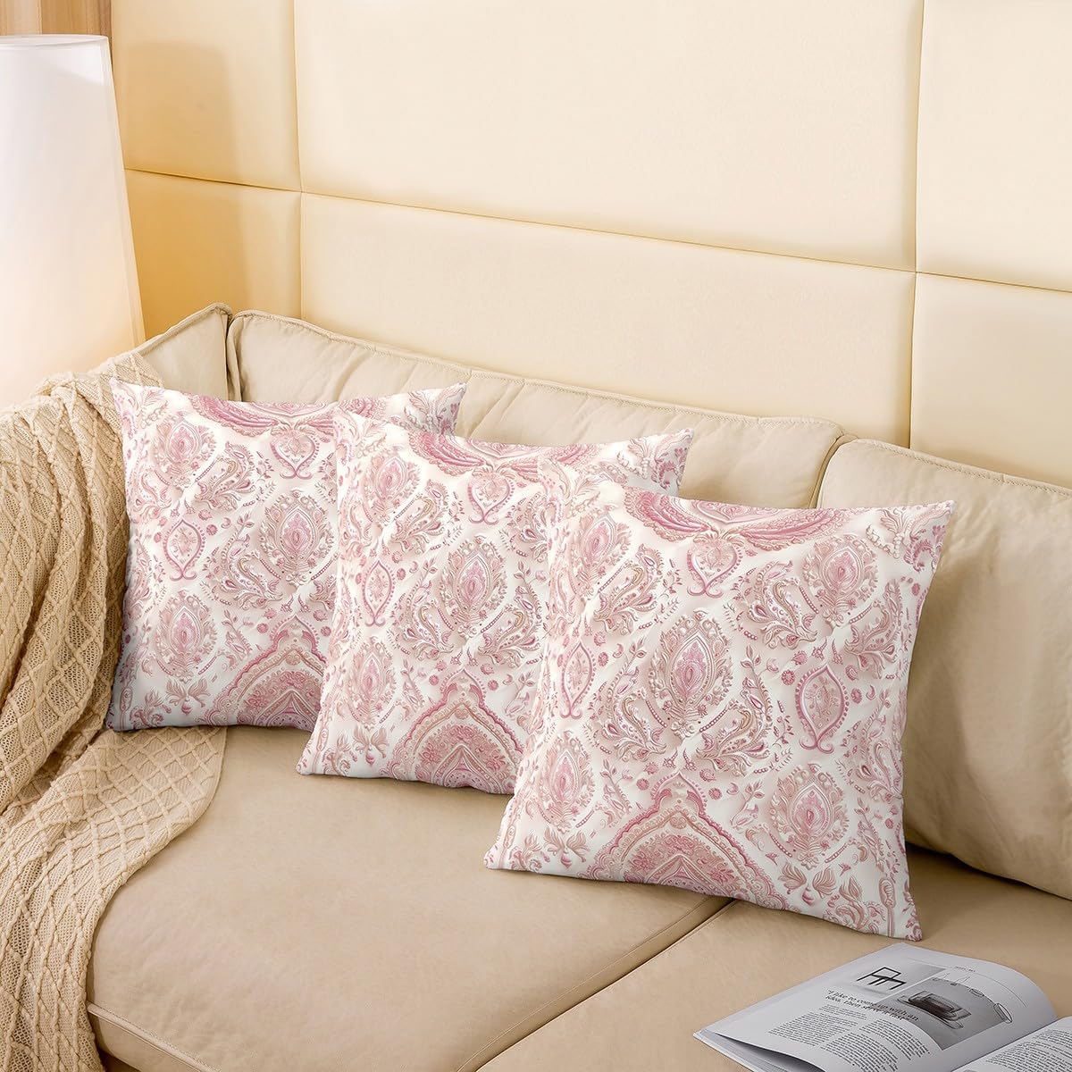 Victorian Style Pillow Covers 20x20 Inch Set of 2 3D Pink Beige Retro Floral Pillow Cases for Girls Teens Adults Women Dreamy European Style Flowers Print Cushion Covers for Living Room Couch