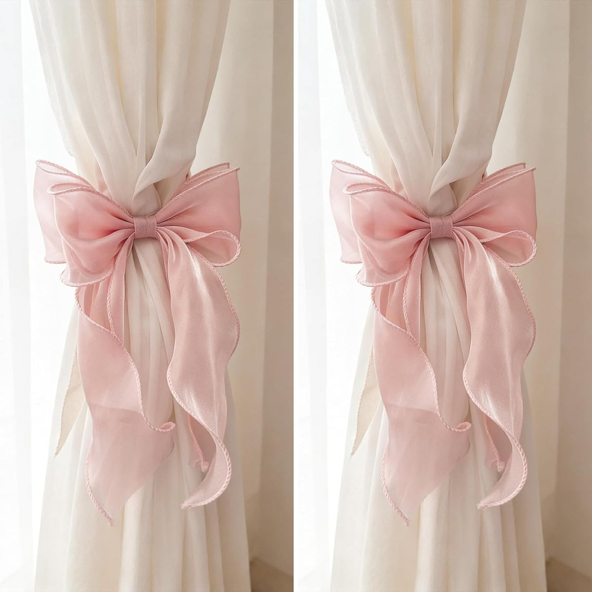 2 Pack Pink Silky Bow Curtain Tiebacks, French Elegant Lace Ribbon Curtain Holdbacks for Pink Room Decor Party Wedding Birthday Decoration