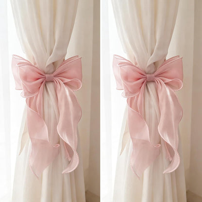 2 Pack Pink Silky Bow Curtain Tiebacks, French Elegant Lace Ribbon Curtain Holdbacks for Pink Room Decor Party Wedding Birthday Decoration