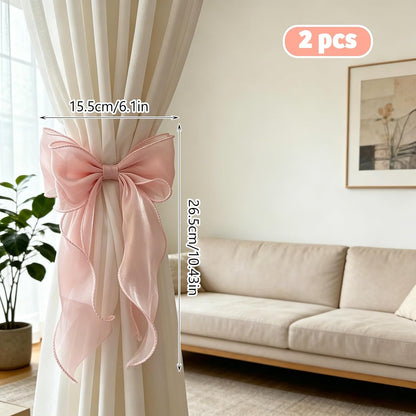 2 Pack Pink Silky Bow Curtain Tiebacks, French Elegant Lace Ribbon Curtain Holdbacks for Pink Room Decor Party Wedding Birthday Decoration