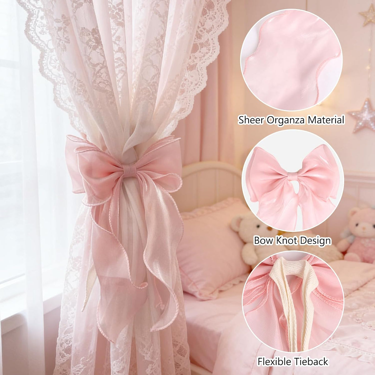 2 Pack Pink Silky Bow Curtain Tiebacks, French Elegant Lace Ribbon Curtain Holdbacks for Pink Room Decor Party Wedding Birthday Decoration
