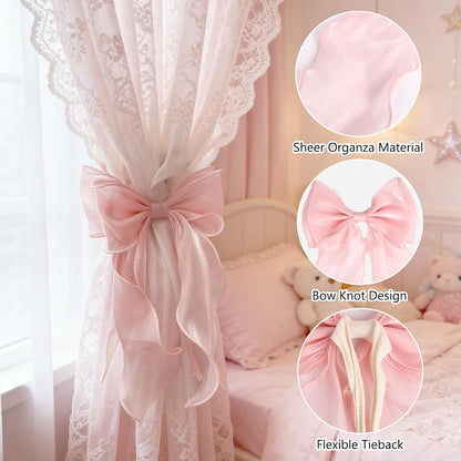 2 Pack Pink Silky Bow Curtain Tiebacks, French Elegant Lace Ribbon Curtain Holdbacks for Pink Room Decor Party Wedding Birthday Decoration