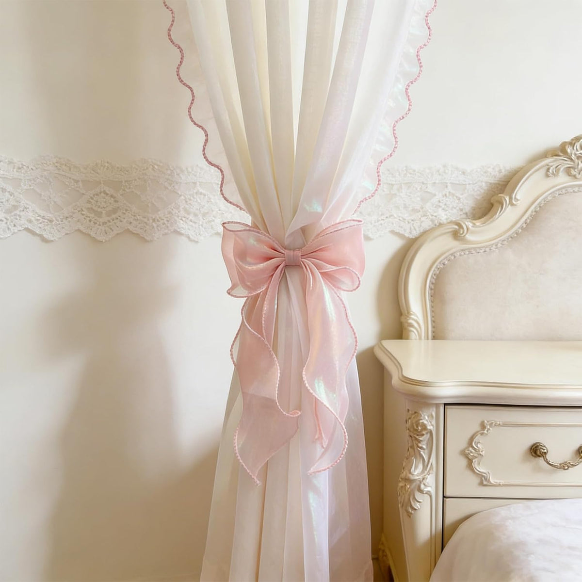 2 Pack Pink Silky Bow Curtain Tiebacks, French Elegant Lace Ribbon Curtain Holdbacks for Pink Room Decor Party Wedding Birthday Decoration