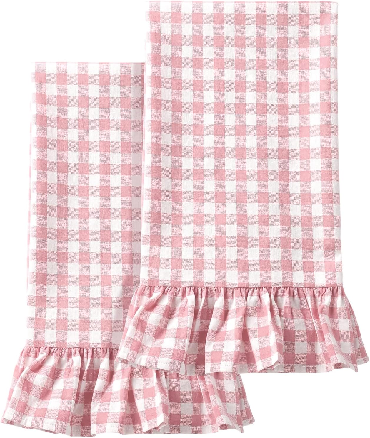 Light Pink Kitchen Towels Set of 2, 100% Cotton Ruffled Gingham Dish Towels 18"x28" Absorbent Tea Cloths Classic Plaid Pattern for Farmhouse Charm, Drying Dishes, Entertaining Guests