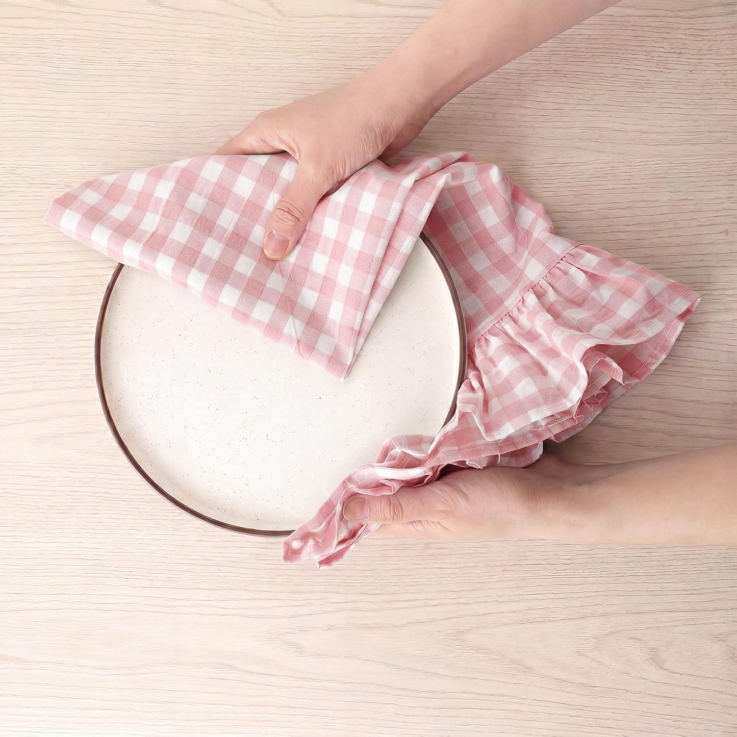 Light Pink Kitchen Towels Set of 2, 100% Cotton Ruffled Gingham Dish Towels 18"x28" Absorbent Tea Cloths Classic Plaid Pattern for Farmhouse Charm, Drying Dishes, Entertaining Guests