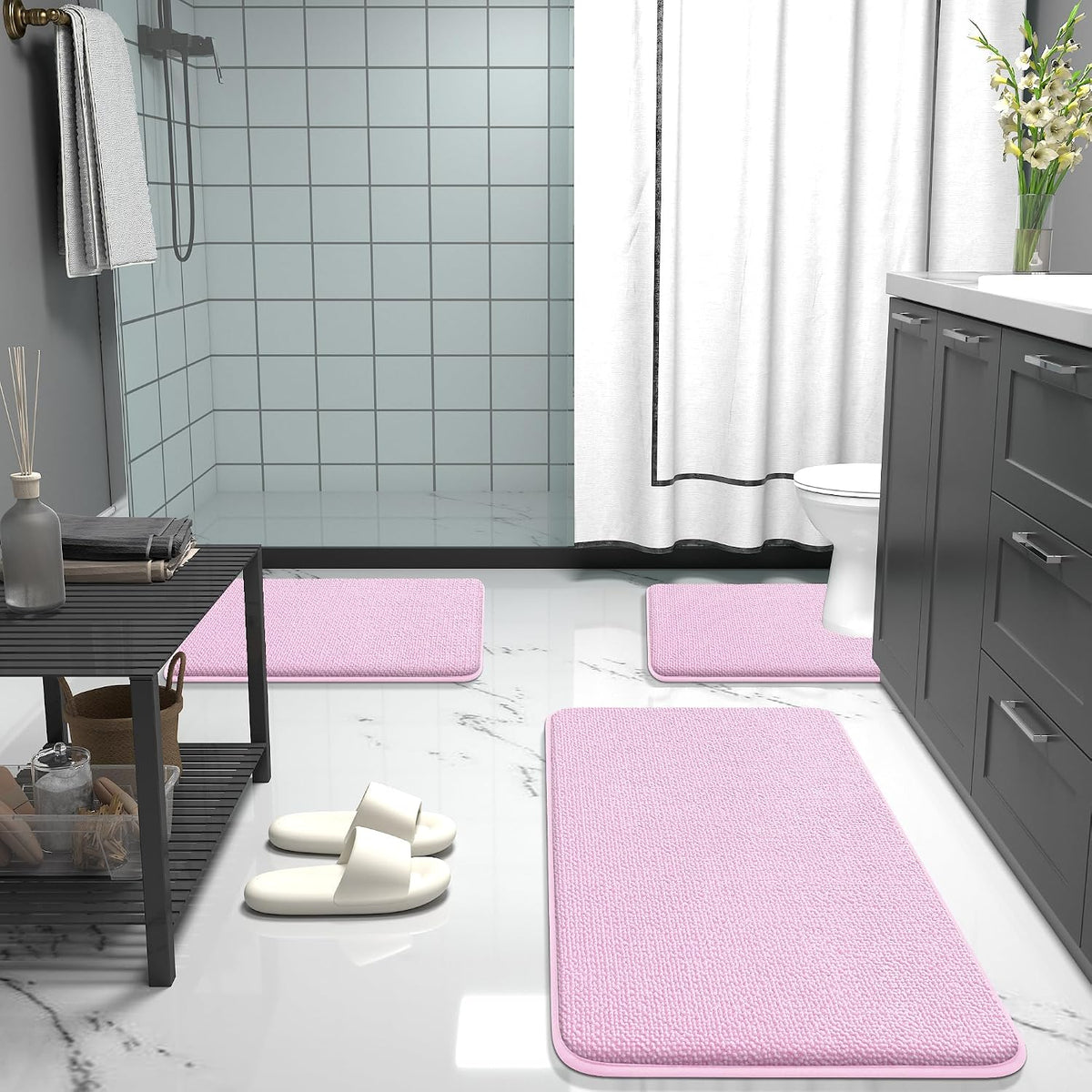 Thick Memory Foam Bathroom Rugs 30x20, Soft Absorbent Bath Mat, Pink