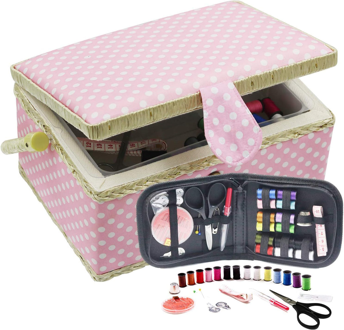 Sewing Basket with Sewing Kit, Sewing Box Organizer with Accessories, Sewing Supplies Storage with Sewing Tools Set (Pink, Medium)
