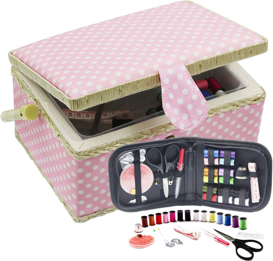 Sewing Basket with Sewing Kit, Sewing Box Organizer with Accessories, Sewing Supplies Storage with Sewing Tools Set (Pink, Medium)