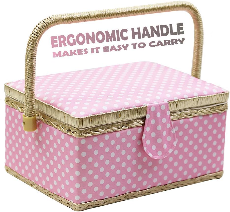 Sewing Basket with Sewing Kit, Sewing Box Organizer with Accessories, Sewing Supplies Storage with Sewing Tools Set (Pink, Medium)