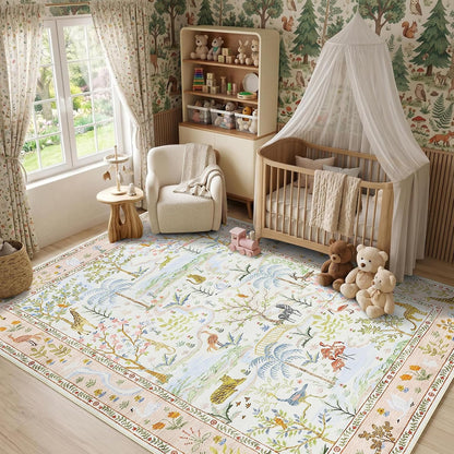4x6 Whimsical Safari Nursery Area Rug Washable Non Slip Small Living Room Rugs Low Pile Animal Print Girs Bedroom Blush Throw Carpet Forest Fairy Tale Area Rugs for Entry Kids Room, Peach Blush