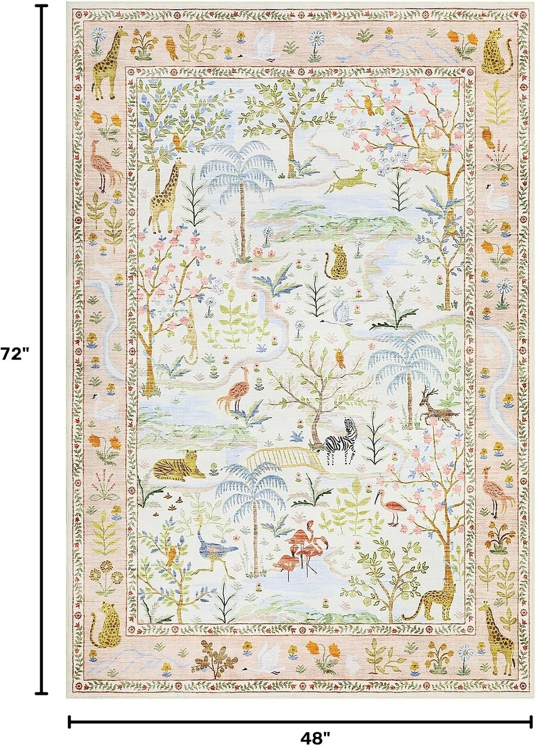 4x6 Whimsical Safari Nursery Area Rug Washable Non Slip Small Living Room Rugs Low Pile Animal Print Girs Bedroom Blush Throw Carpet Forest Fairy Tale Area Rugs for Entry Kids Room, Peach Blush