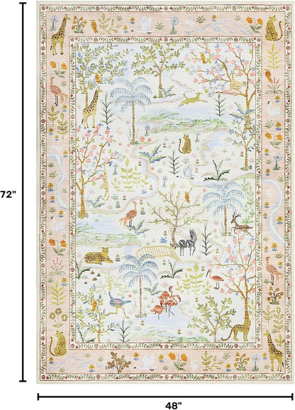 4x6 Whimsical Safari Nursery Area Rug Washable Non Slip Small Living Room Rugs Low Pile Animal Print Girs Bedroom Blush Throw Carpet Forest Fairy Tale Area Rugs for Entry Kids Room, Peach Blush