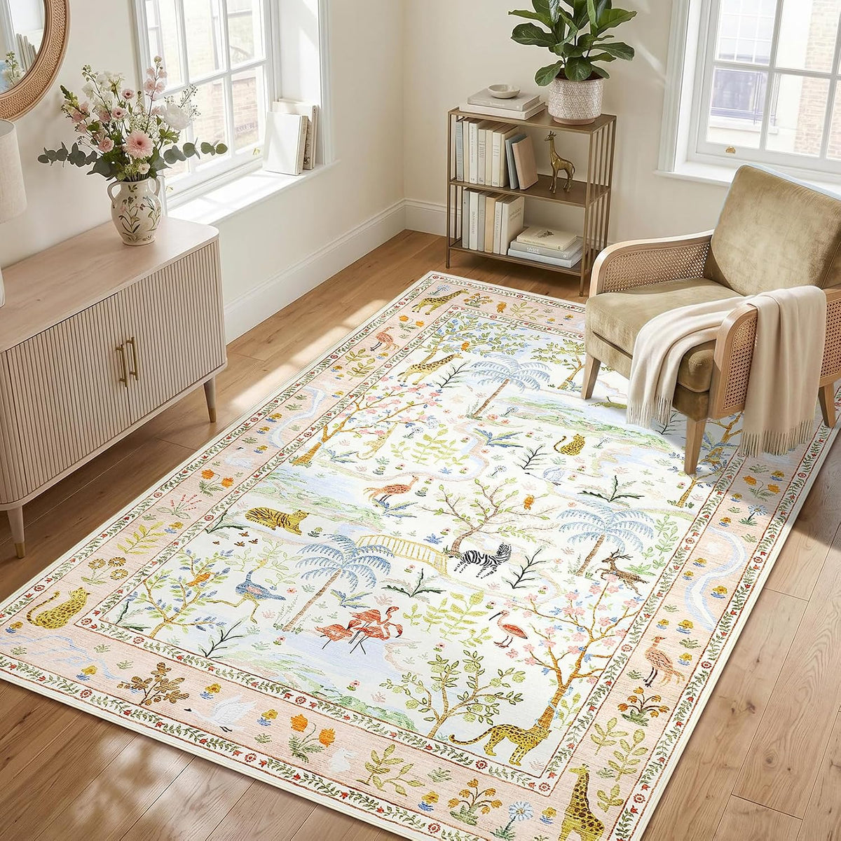 4x6 Whimsical Safari Nursery Area Rug Washable Non Slip Small Living Room Rugs Low Pile Animal Print Girs Bedroom Blush Throw Carpet Forest Fairy Tale Area Rugs for Entry Kids Room, Peach Blush
