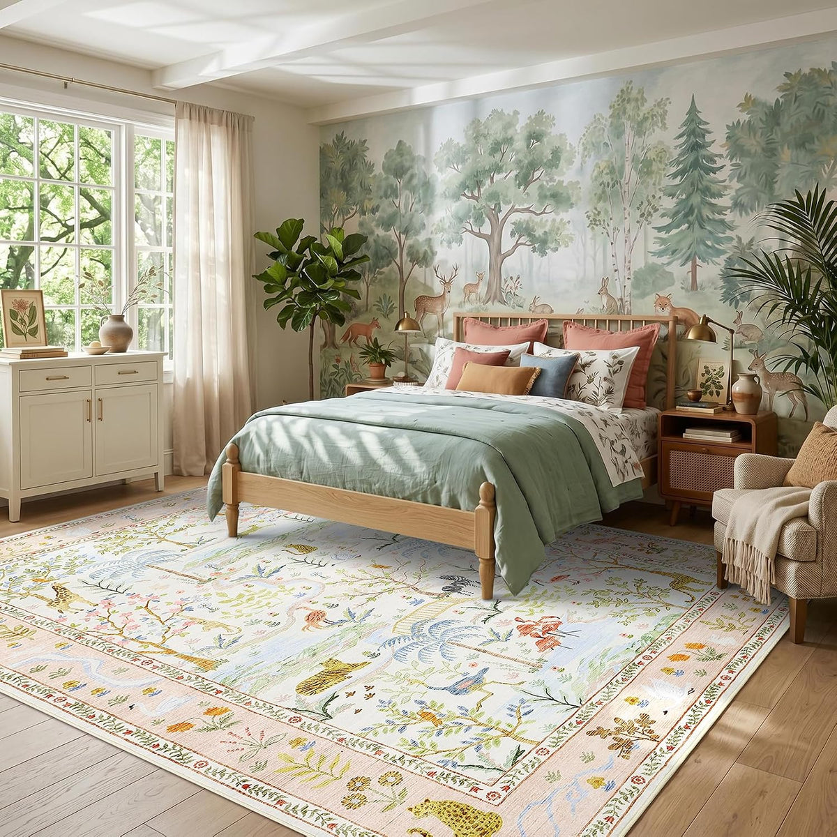 4x6 Whimsical Safari Nursery Area Rug Washable Non Slip Small Living Room Rugs Low Pile Animal Print Girs Bedroom Blush Throw Carpet Forest Fairy Tale Area Rugs for Entry Kids Room, Peach Blush