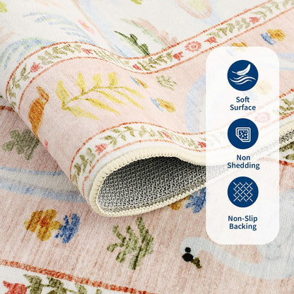 4x6 Whimsical Safari Nursery Area Rug Washable Non Slip Small Living Room Rugs Low Pile Animal Print Girs Bedroom Blush Throw Carpet Forest Fairy Tale Area Rugs for Entry Kids Room, Peach Blush